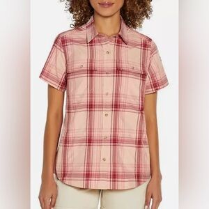 Eddie Bauer Ladies Short Sleeve Adventure Top Sz XL Peach Starling Plaid NWT